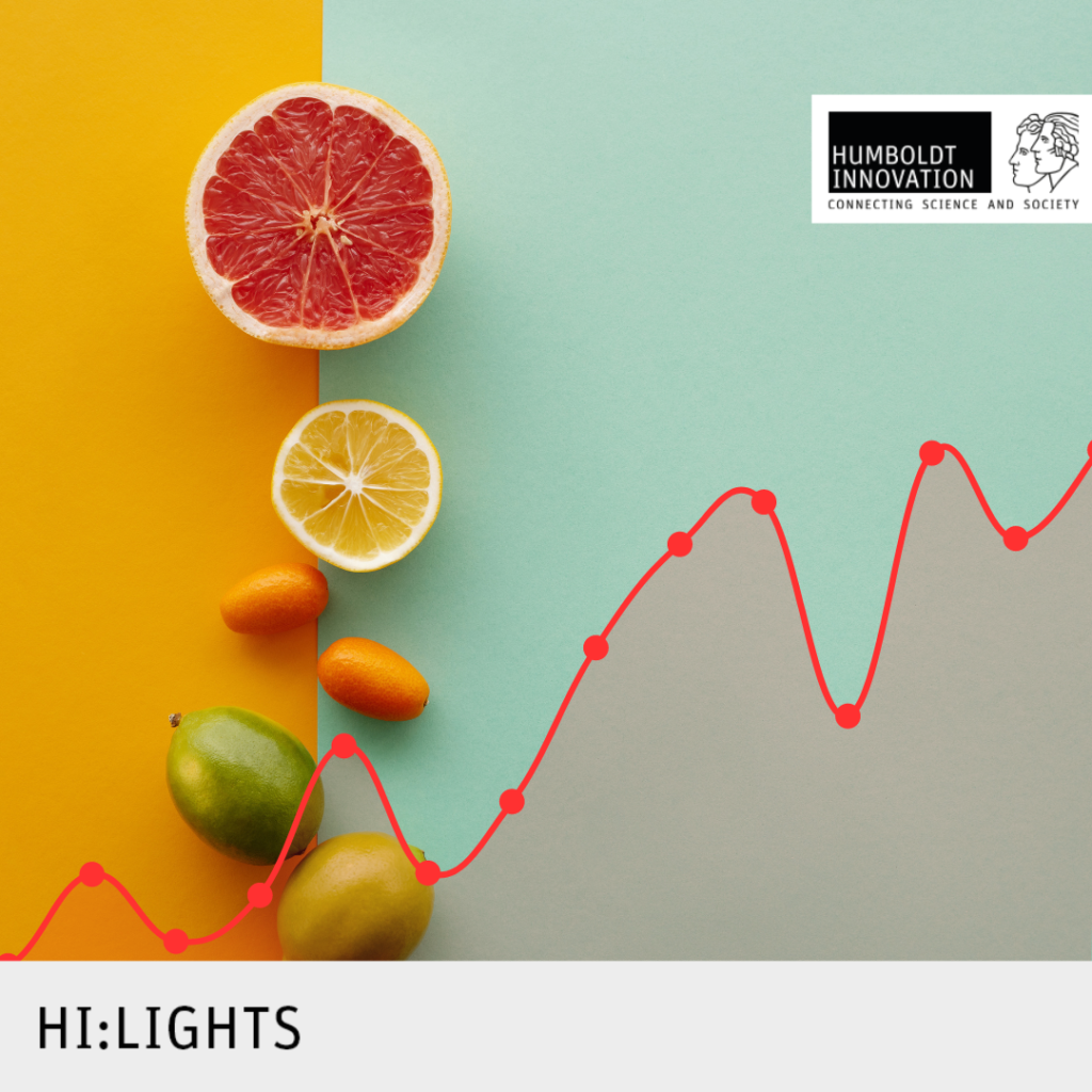 Graphic: orange, blue, fruits, rising curve